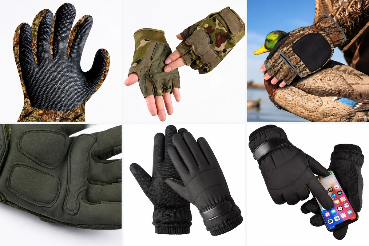 Outdoor gloves showing grip textures, open fingers and palm seams
