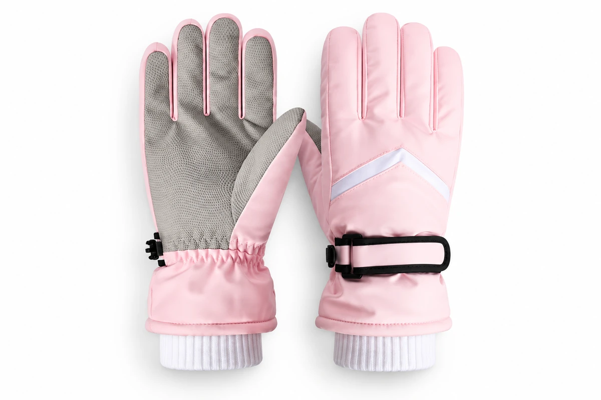 Pink winter gloves with gray palms, wrist straps, and extended cuffs