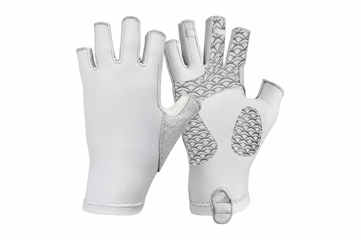 White open-finger gloves with gray textured grip patches