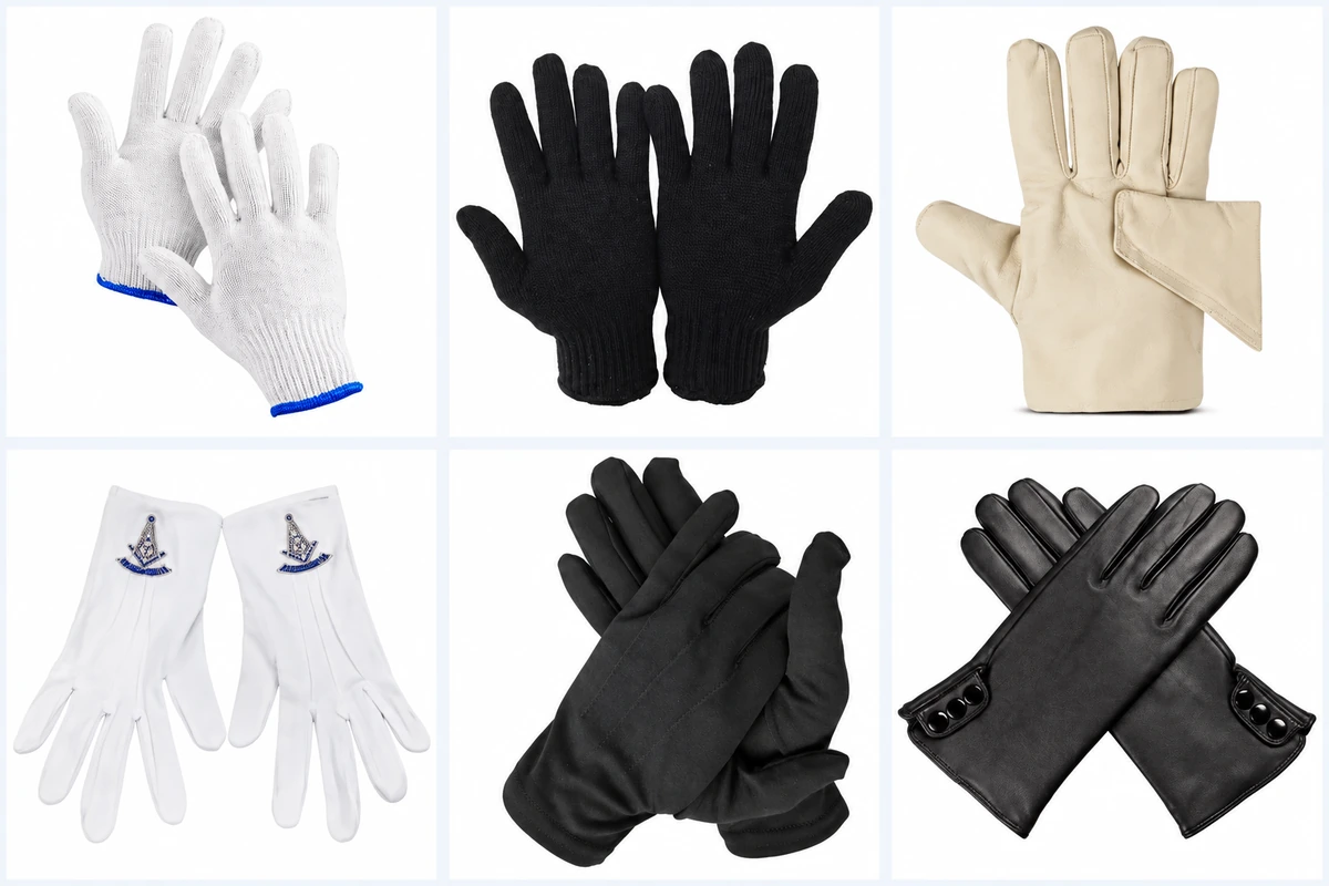White, navy, cream and black gloves with plain and embroidered cuffs