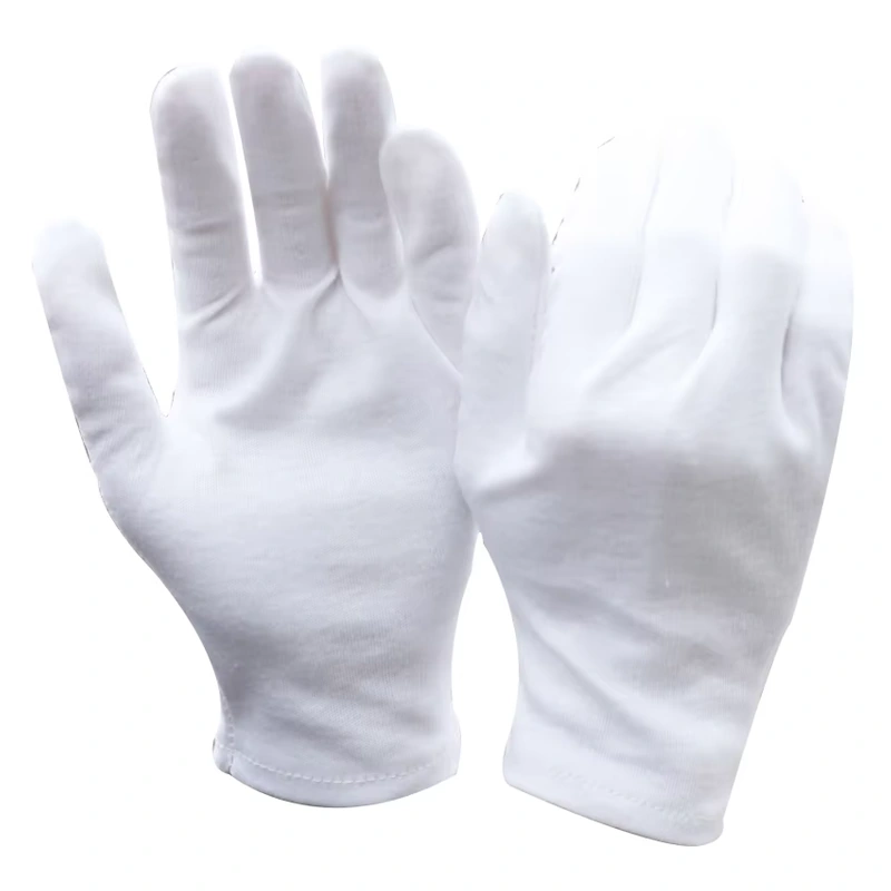 White fabric gloves with open palms and short cuffs