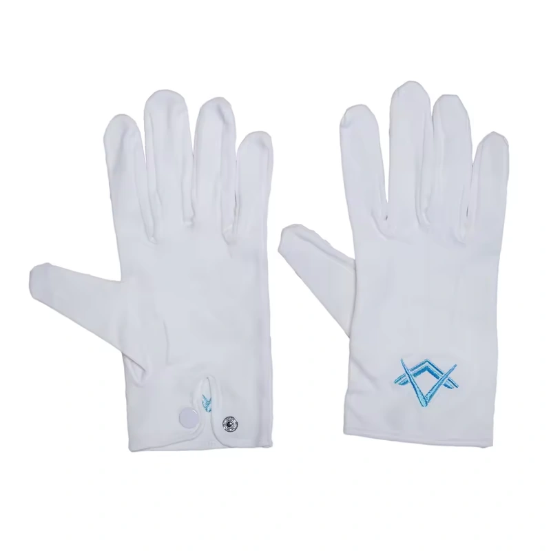 White gloves with a blue embroidered cuff emblem