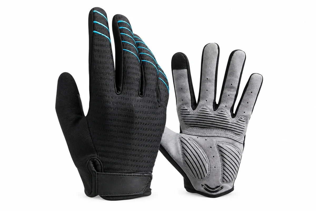 Black and gray sports gloves with raised palm ribs and small ventilation holes
