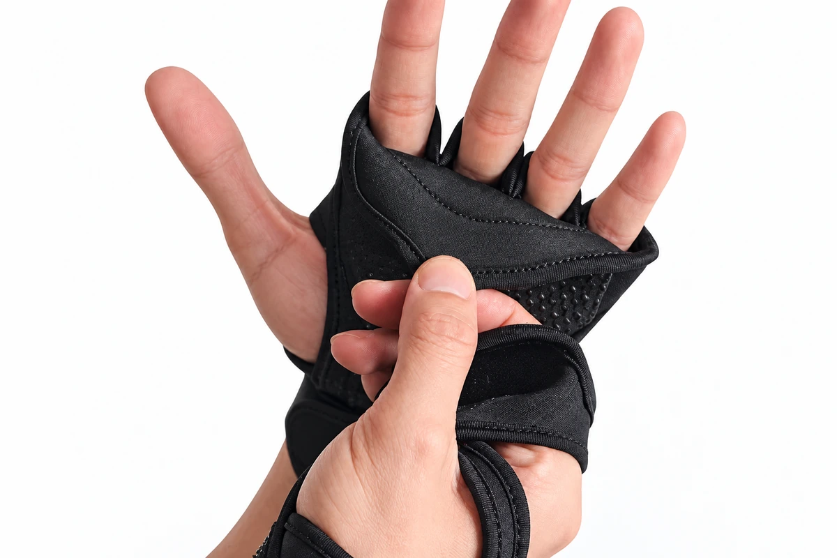 Close view of a black fitness glove palm pad being flexed by hand