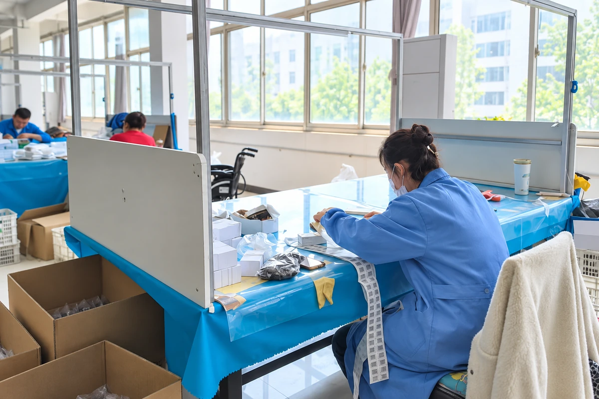Worker handling packaged items beside barcode labels at a factory workstation