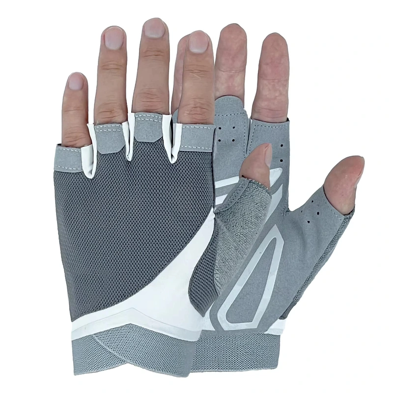 Gray fingerless cycling gloves with mesh backs and white geometric panels
