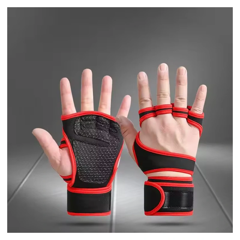 Red and black fitness gloves with open backs and extended wrist wraps