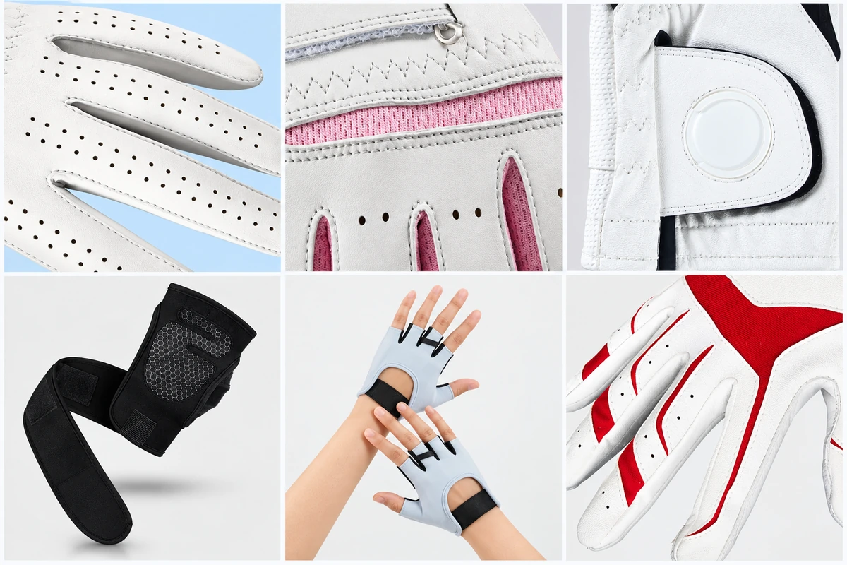 Sports gloves showing perforations, mesh panels and wrist fasteners