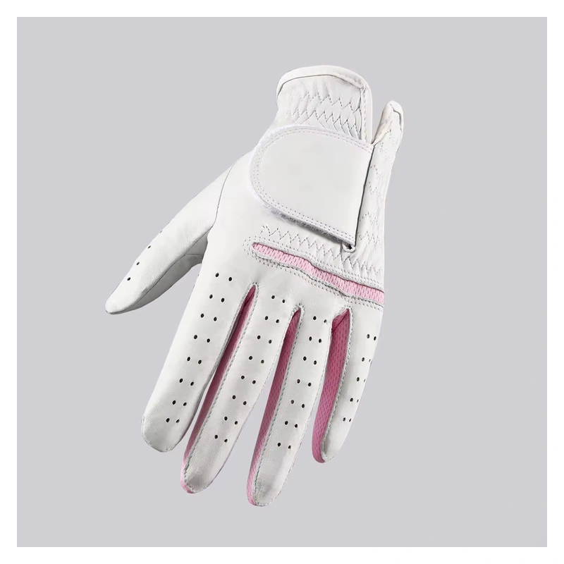 White golf glove with pink stretch inserts, perforated fingers, and a wrist tab