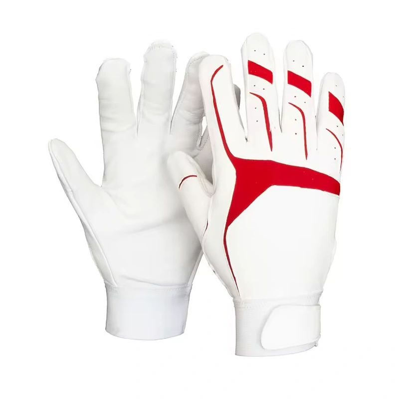 White baseball batting gloves with red backhand panels and wrist tabs