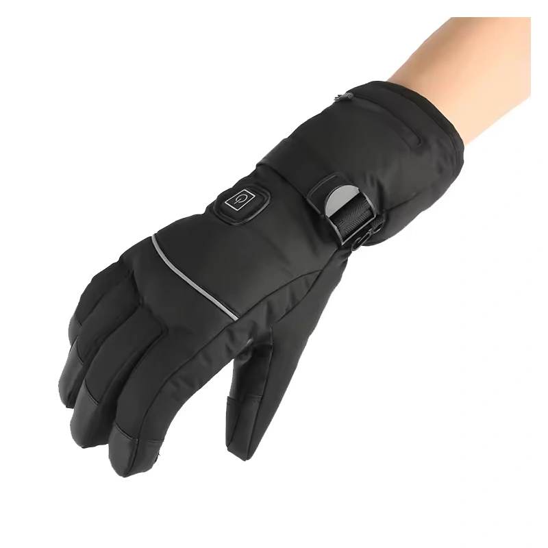 Black heated glove with a power button, wrist strap, and zippered cuff pocket
