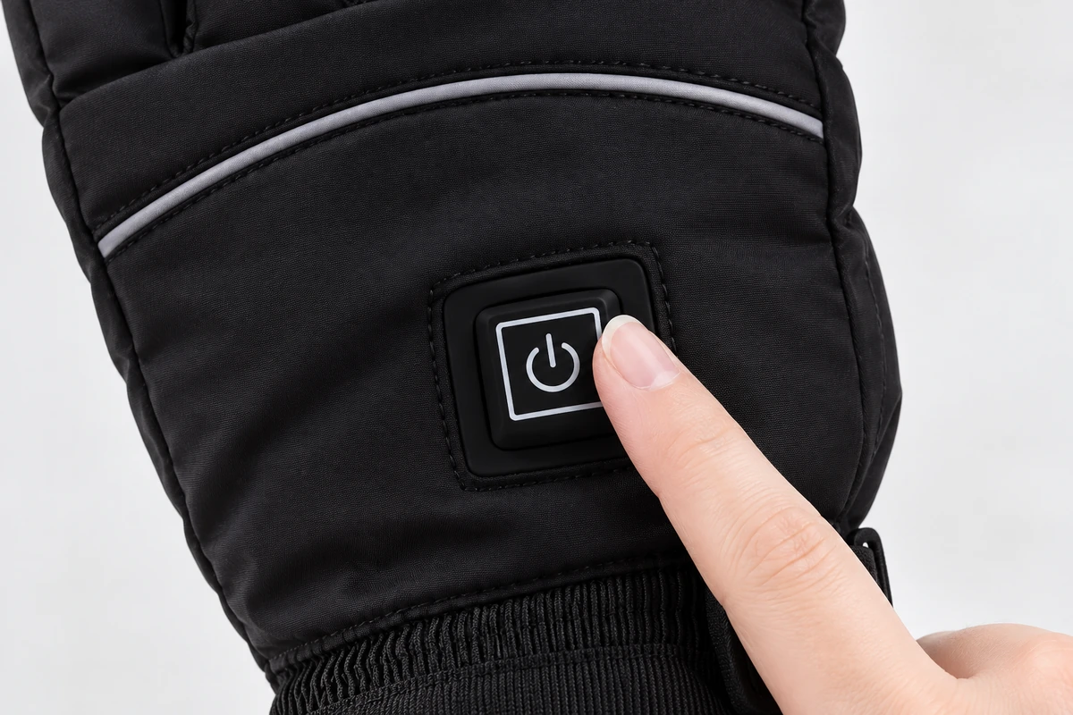 Finger pressing the power button on a black heated glove