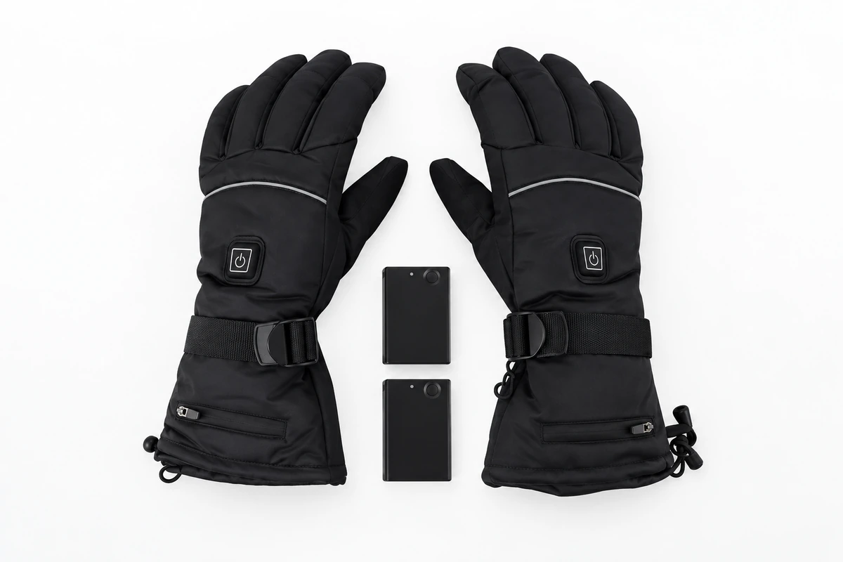 Black heated gloves with cuff pockets, wrist straps and two battery packs
