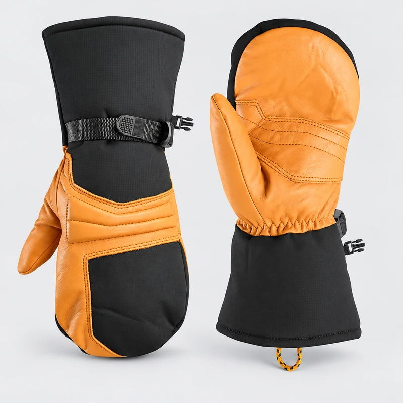 Orange and black winter mittens with long cuffs and wrist straps