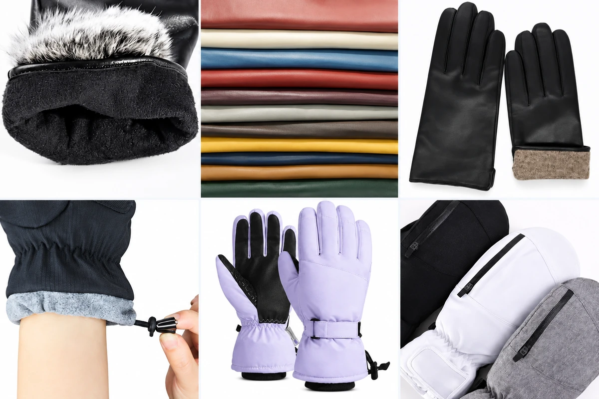 Winter glove lining, material swatches, drawcords and wrist straps