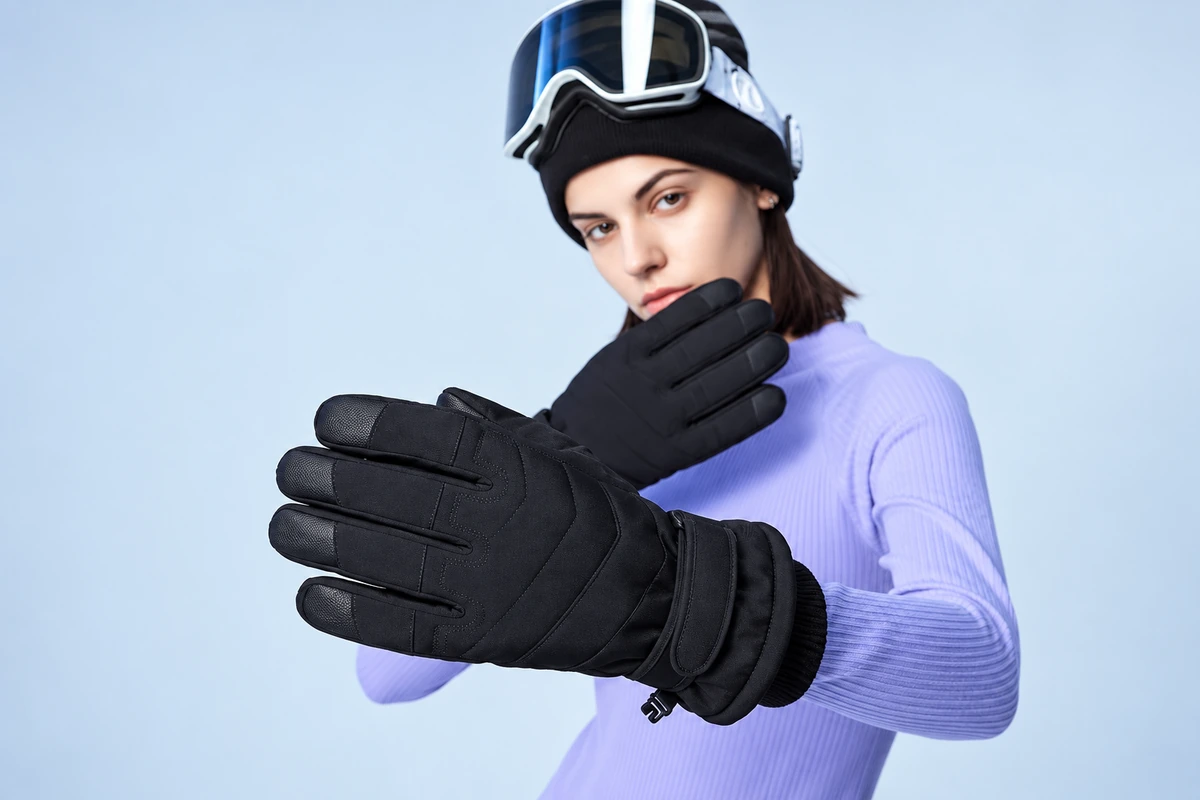 Woman wearing navy winter gloves, a purple top, and ski goggles