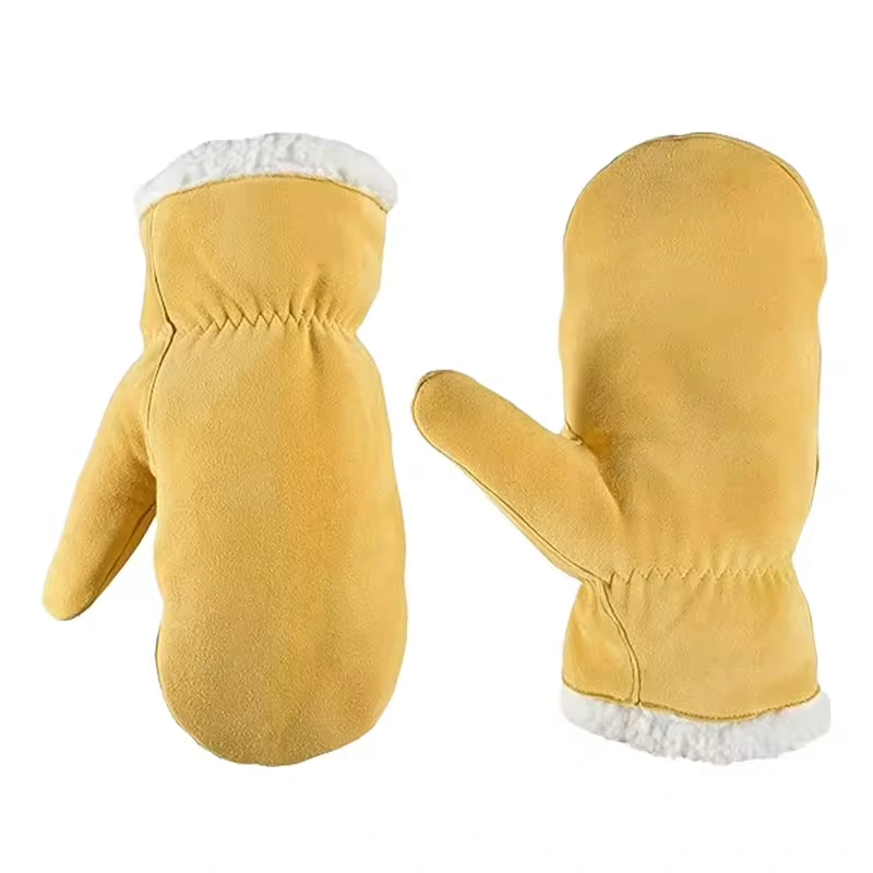 Yellow mittens with gathered wrists and white lining at the cuffs