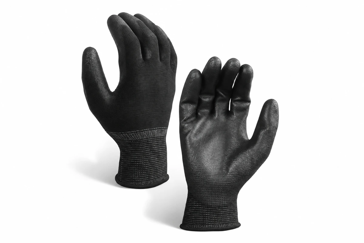 Black coated work gloves shown with open and flexed fingers
