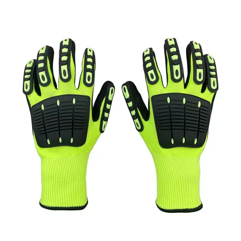 Lime knit work gloves with black segmented guards on the fingers and backs
