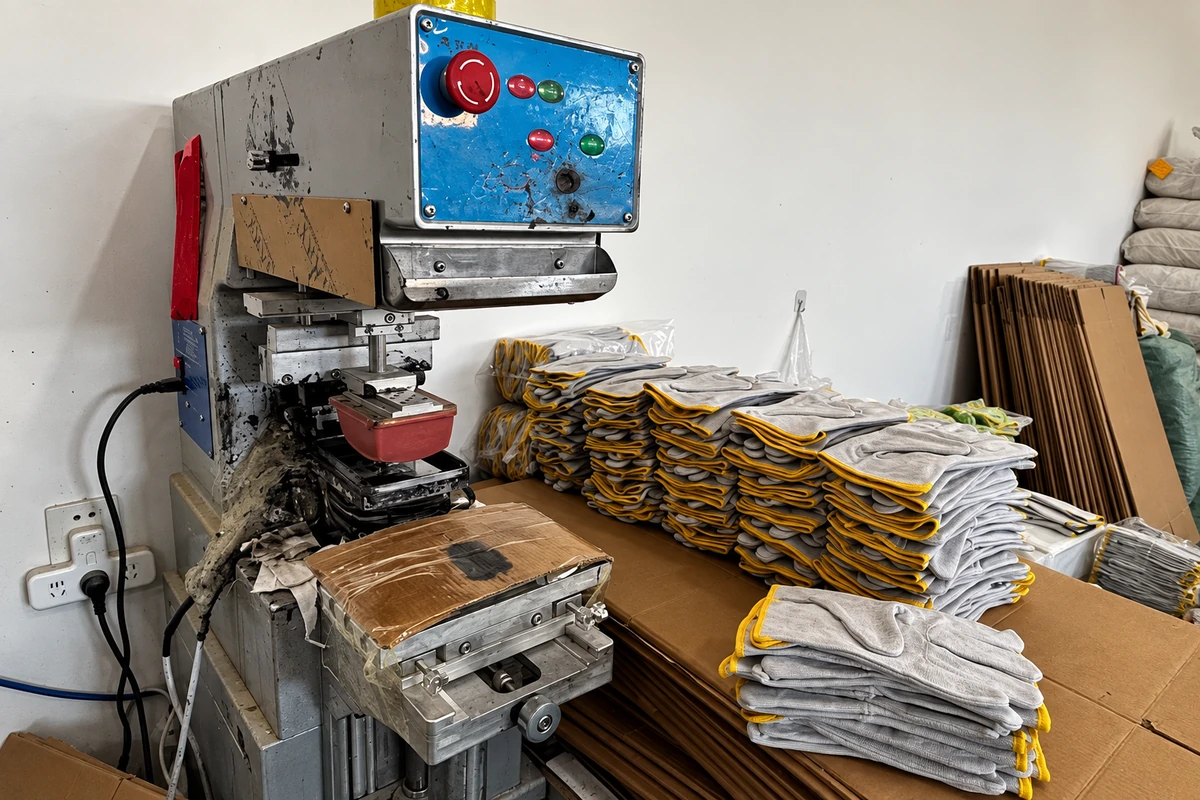 Pad-printing workstation beside stacks of leather gloves