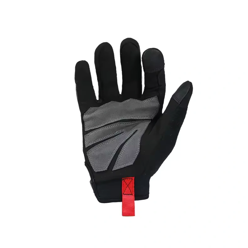 Black mechanic glove with gray palm reinforcement and a red cuff pull tab