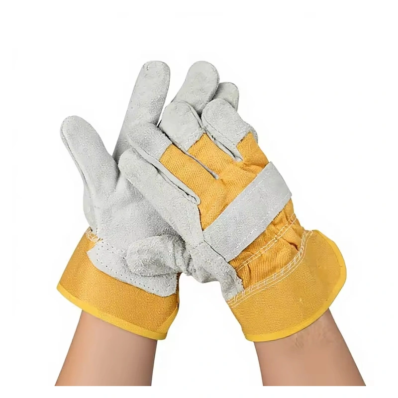 Gray and yellow leather work gloves with reinforced fingers and cuffs