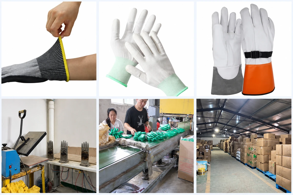 Work glove cuffs, fitted gloves, a printing press and packing areas