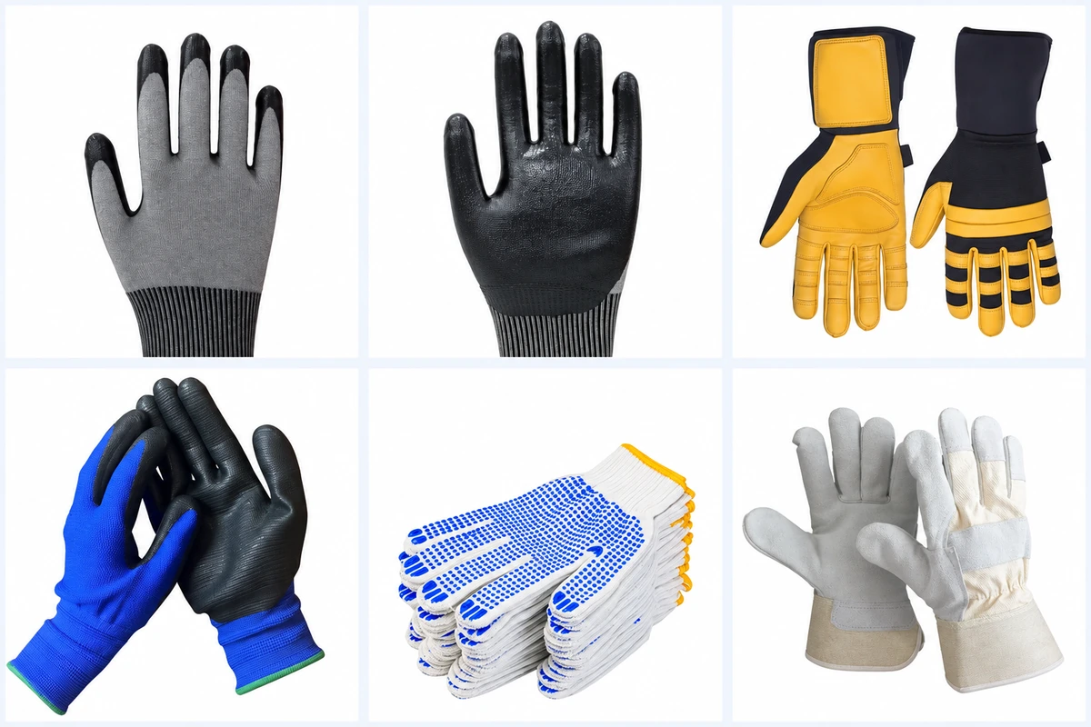 Work gloves showing coated palms, reinforcement, grip dots and cuffs