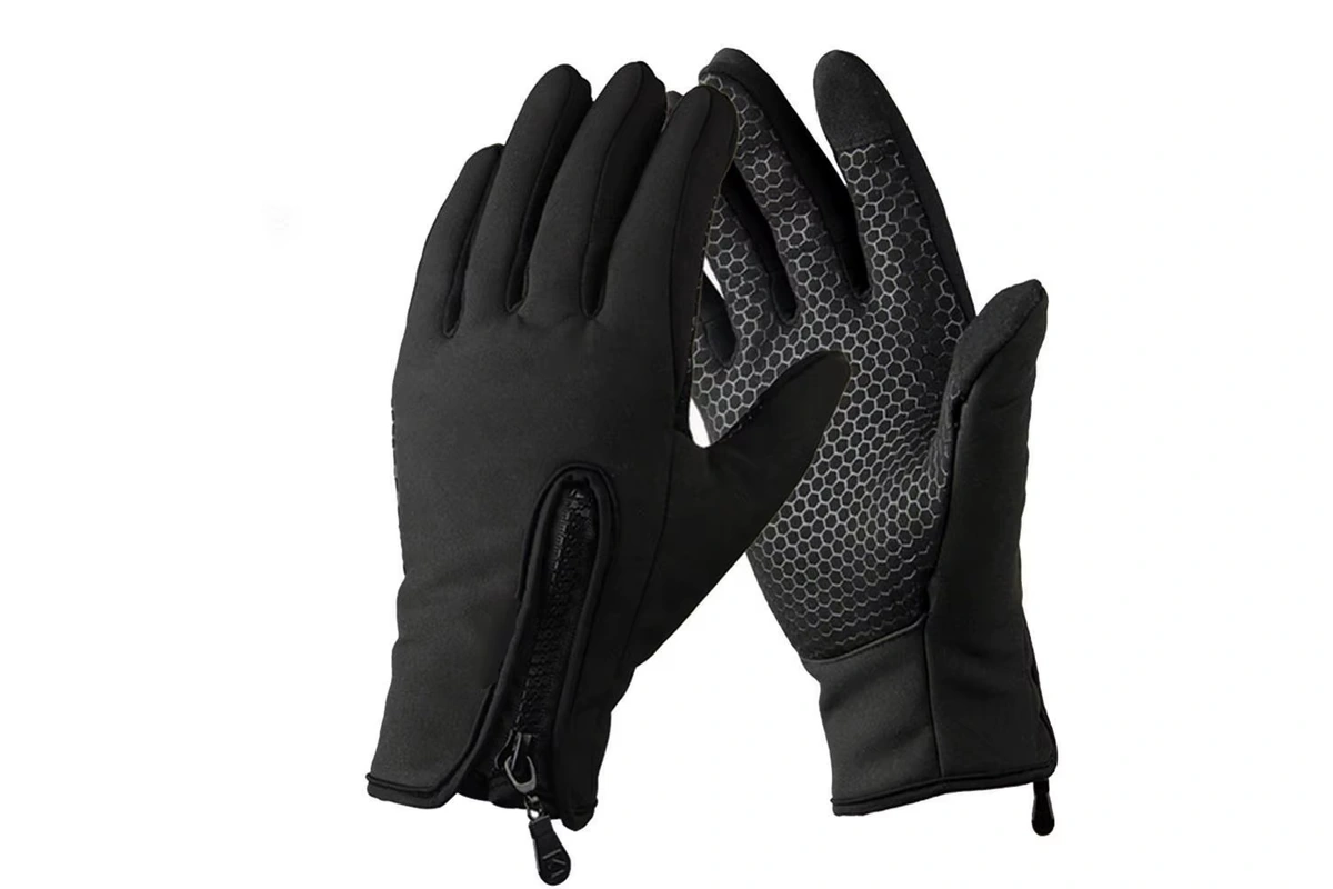 Black full-finger sports gloves with honeycomb-patterned palms and wrist zippers