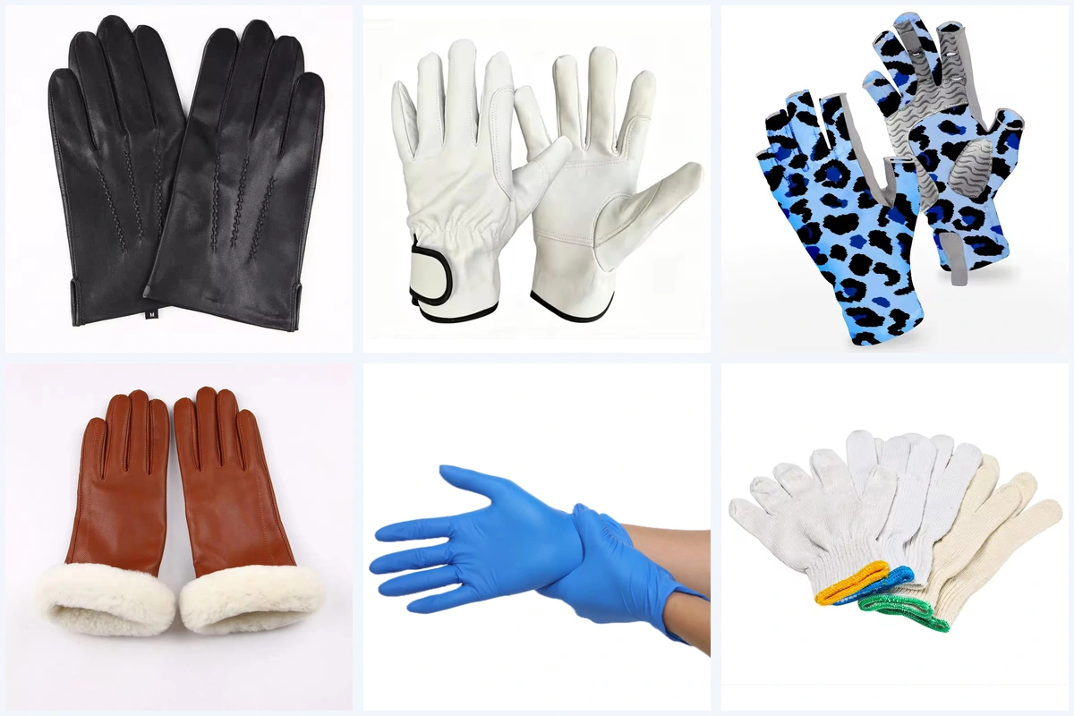 Gloves showing leather, patterned backs, fluffy cuffs and knit textures