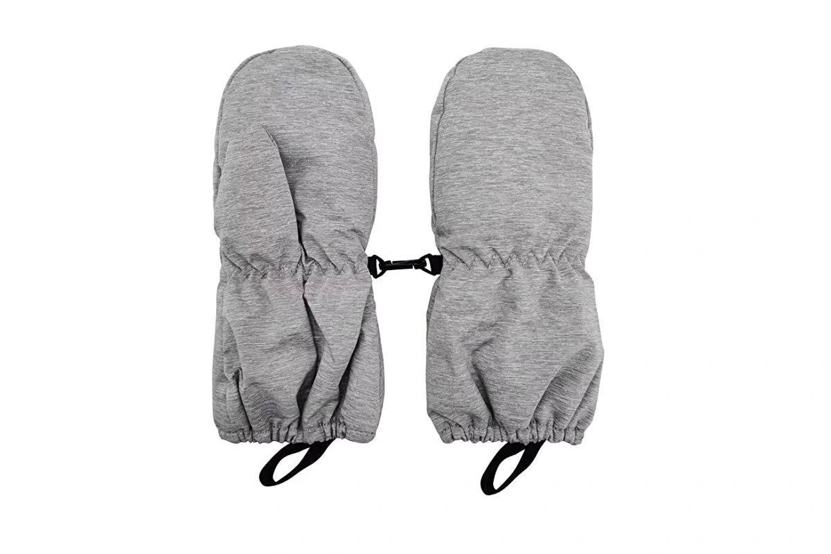 Gray winter mittens with gathered cuffs, drawcords, and a connecting clip