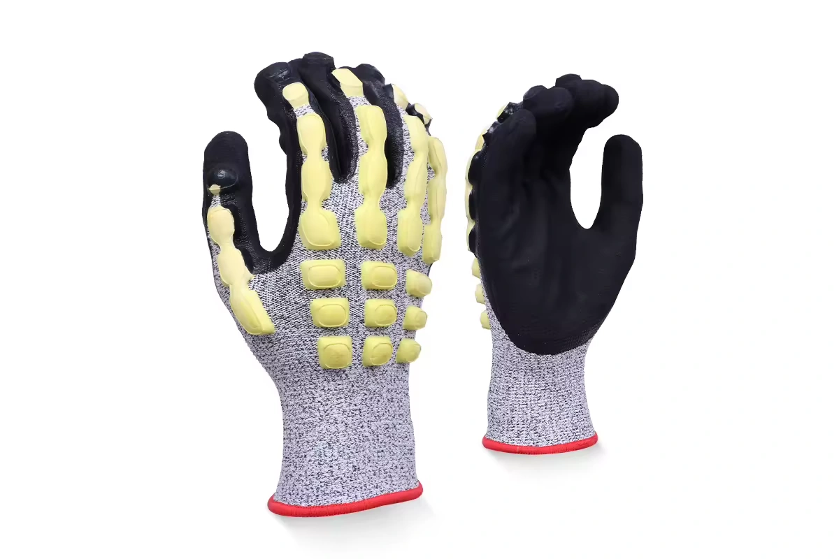 Gray work gloves with raised yellow back panels and black palms