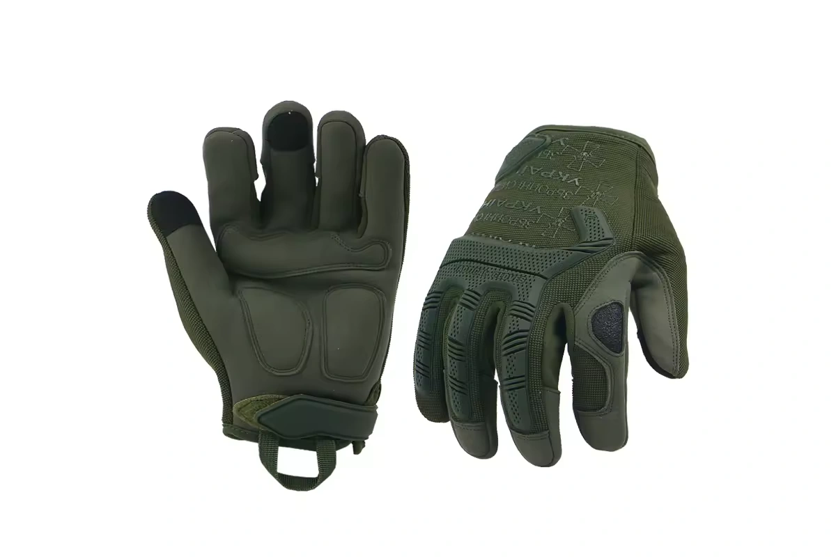Olive outdoor gloves with raised knuckle panels and wrist loops