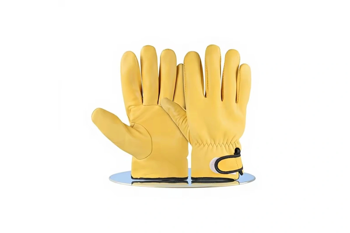 Yellow leather work gloves with black cuff trim