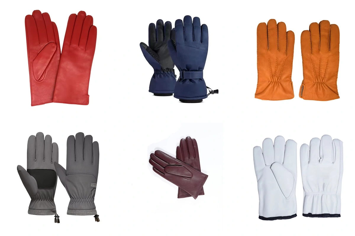 Red, navy, orange, gray, burgundy, and white gloves arranged in six panels