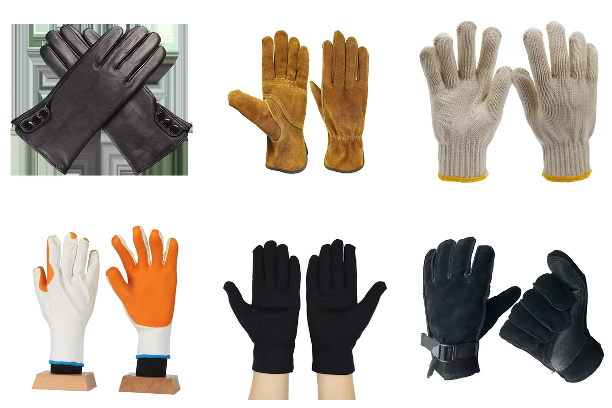 Gloves showing smooth leather, rough leather, knit and coated surfaces