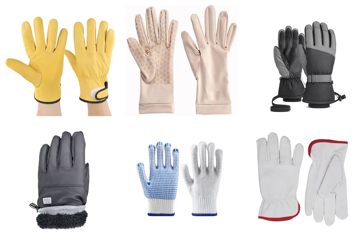 Gloves showing palm patches, grip patterns, wrist straps and lining