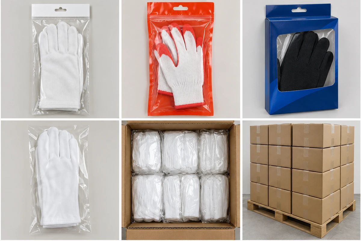 Gloves in clear bags, hanging packs, a window box and shipping cartons