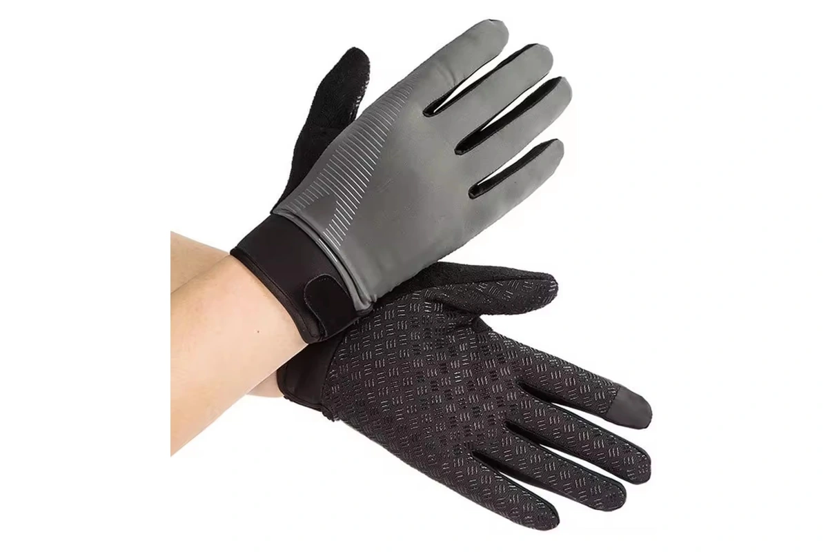 Gray and black full-finger gloves with patterned grip palms