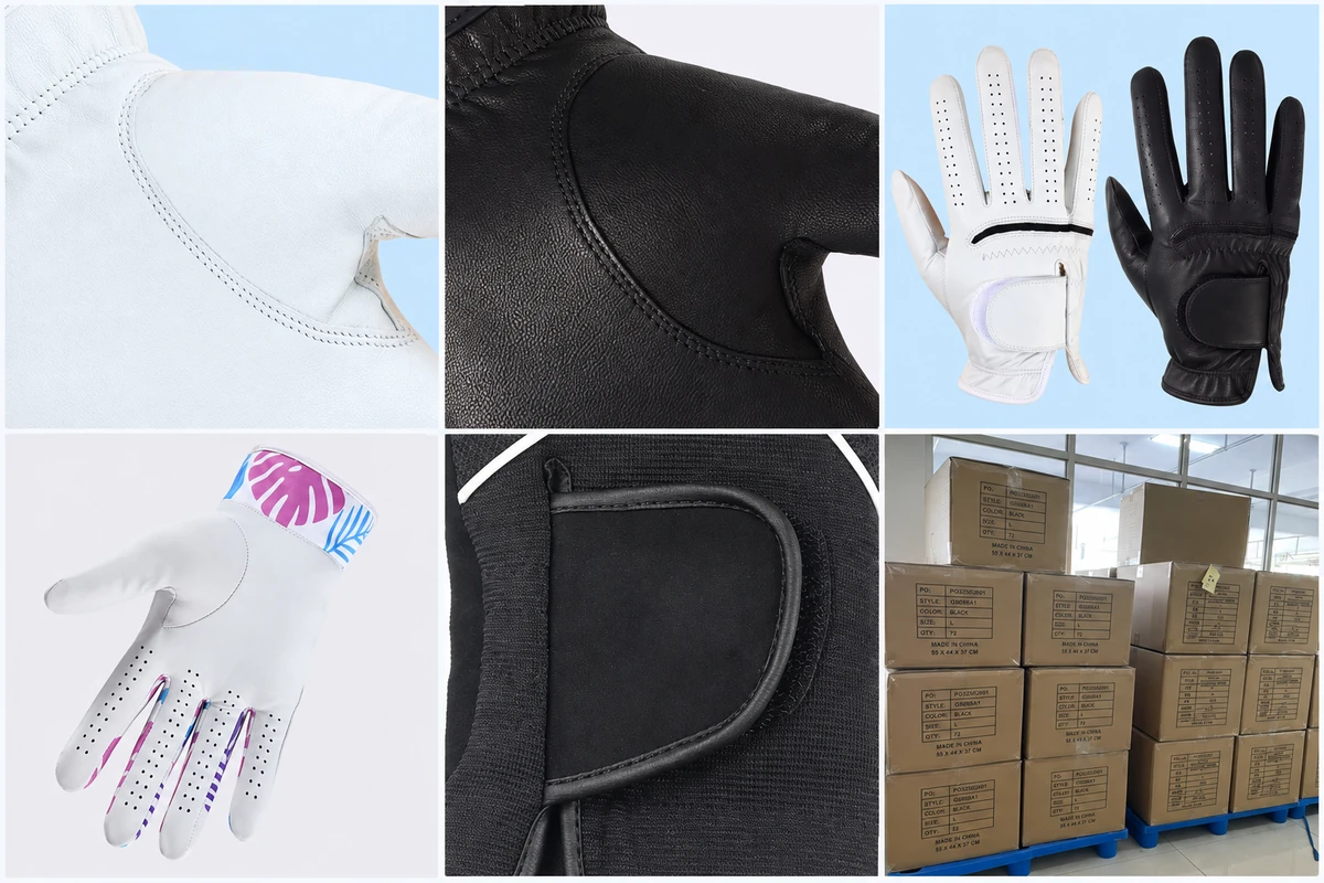 Glove textures, printed panels, wrist fasteners and packed cartons