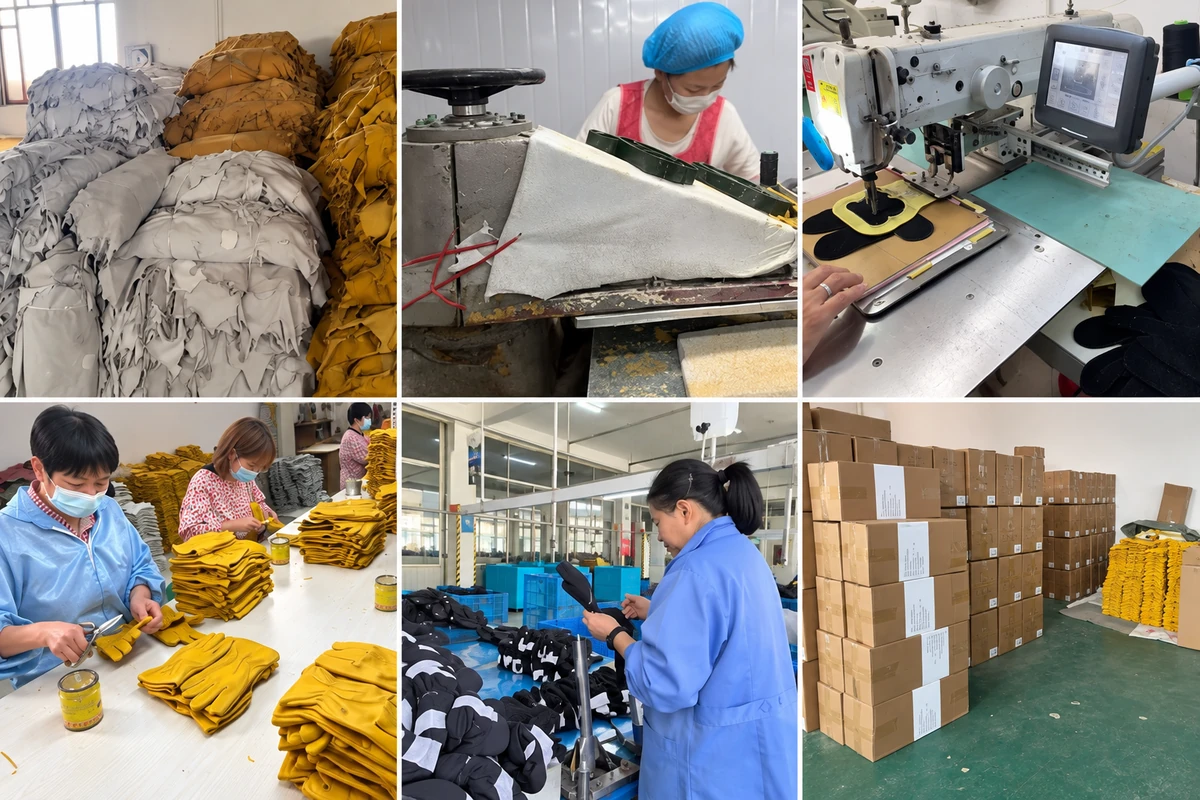 Glove materials, cutting, stitching, trimming, manual checking and boxed stock