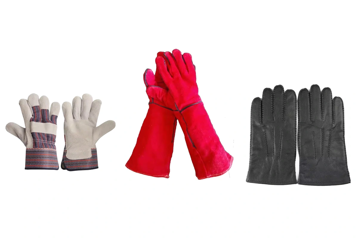 Leather palm work gloves, red welding gauntlets and black leather driving gloves