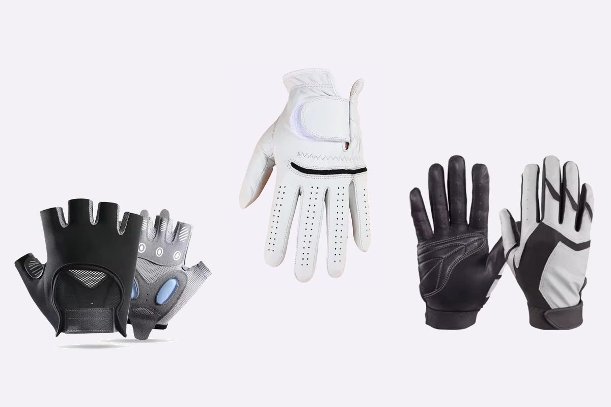 White golf glove, fingerless padded gloves and black and white batting gloves