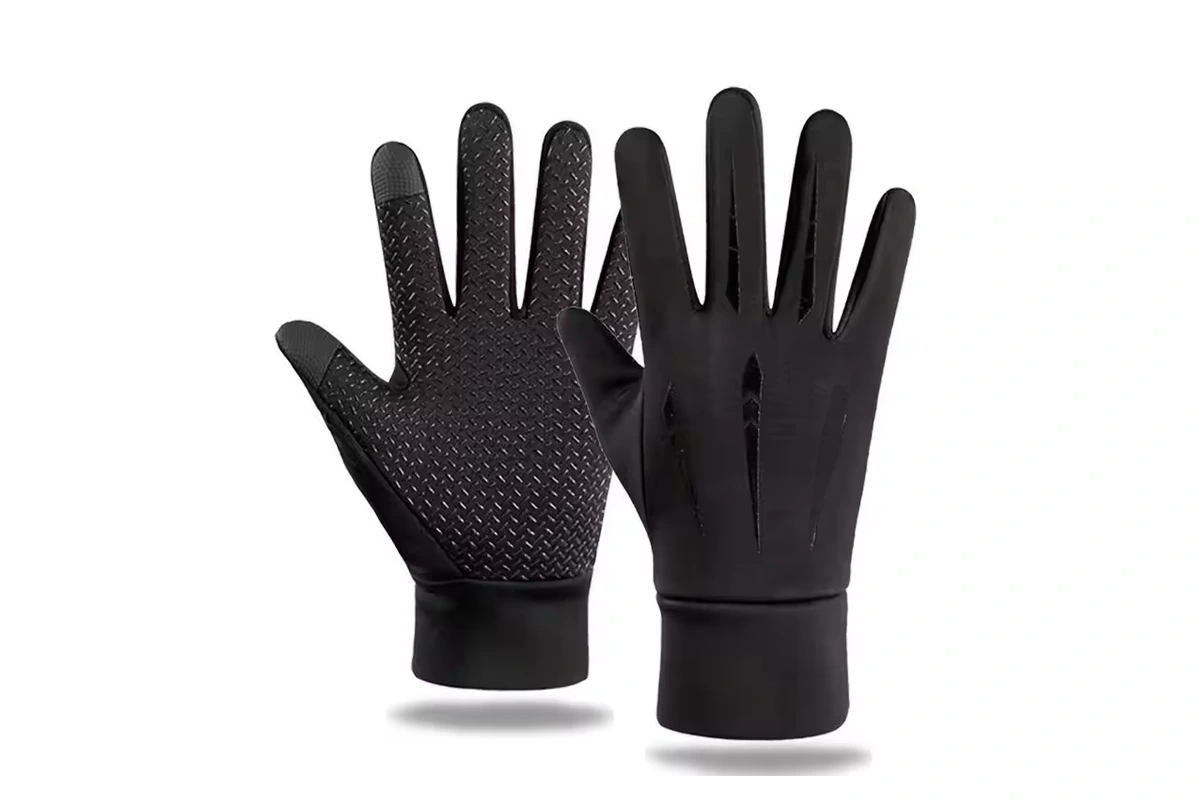 Black full-finger gloves with patterned palms and fitted cuffs