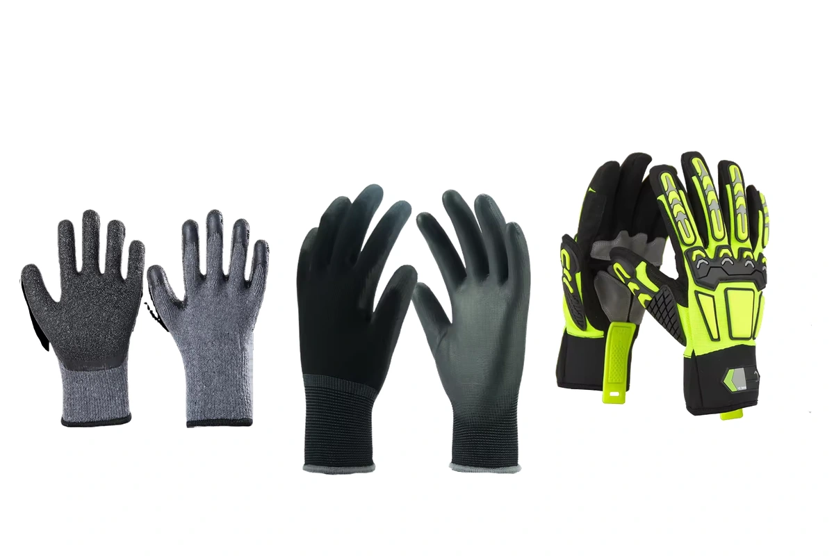 Gray coated knit gloves, black coated gloves and lime impact gloves