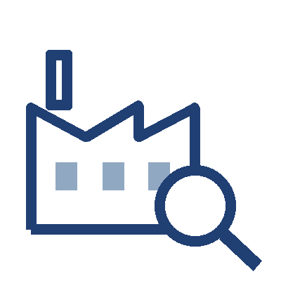 Factory and magnifying glass icon