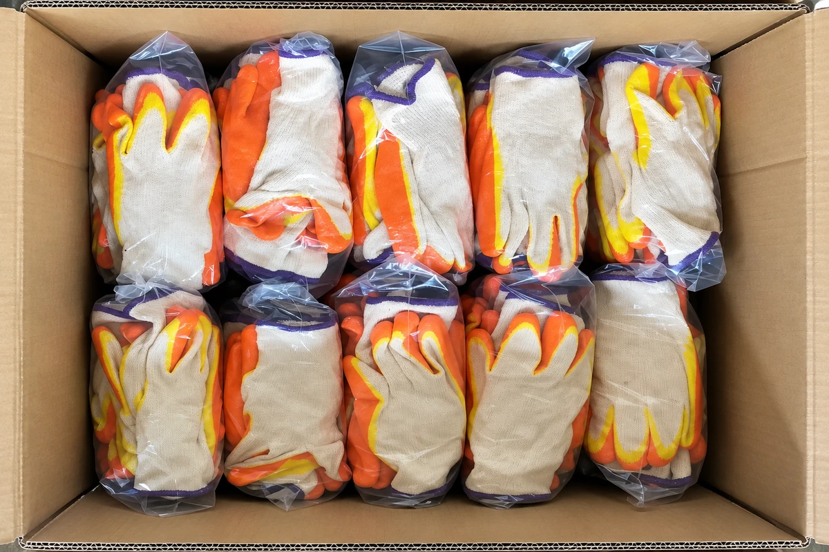 Coated glove pairs packed in clear bags inside a carton