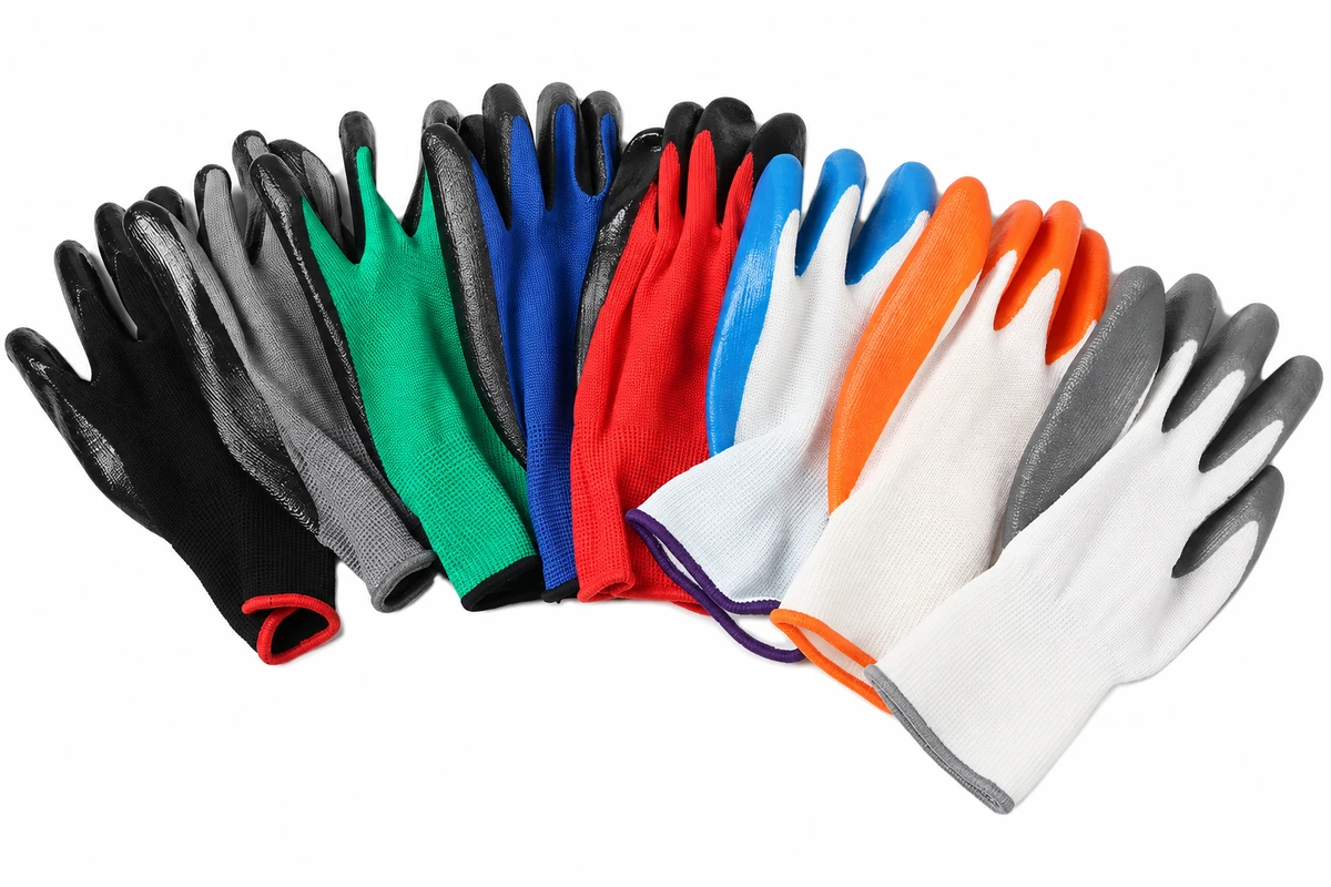 Coated gloves with red, green, blue, white and black knitted backs