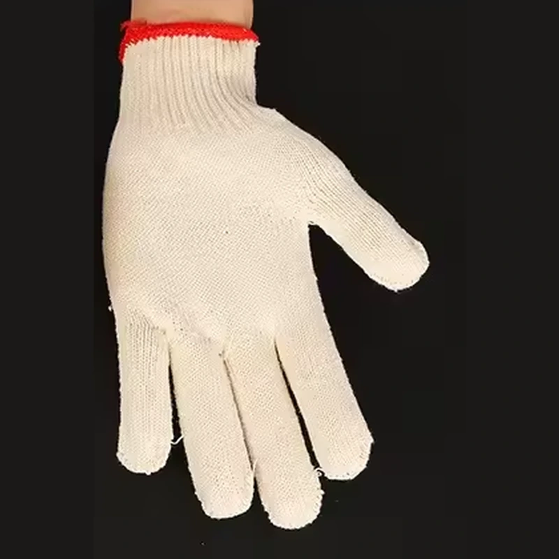 Cream cotton knit glove with an open palm and red wrist edge