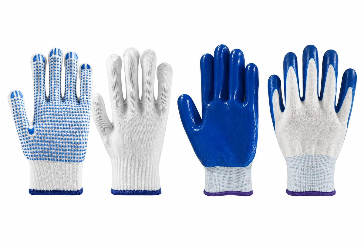 White knit gloves with blue grip dots beside blue palm-coated gloves